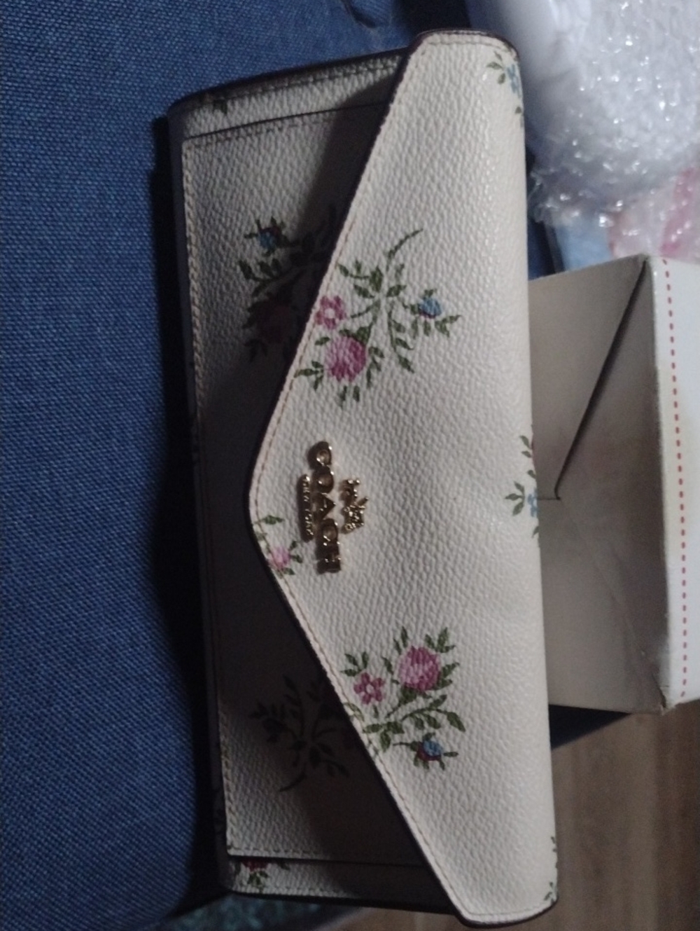 Coach Cream Floral Leather Wallet with Gold Logo